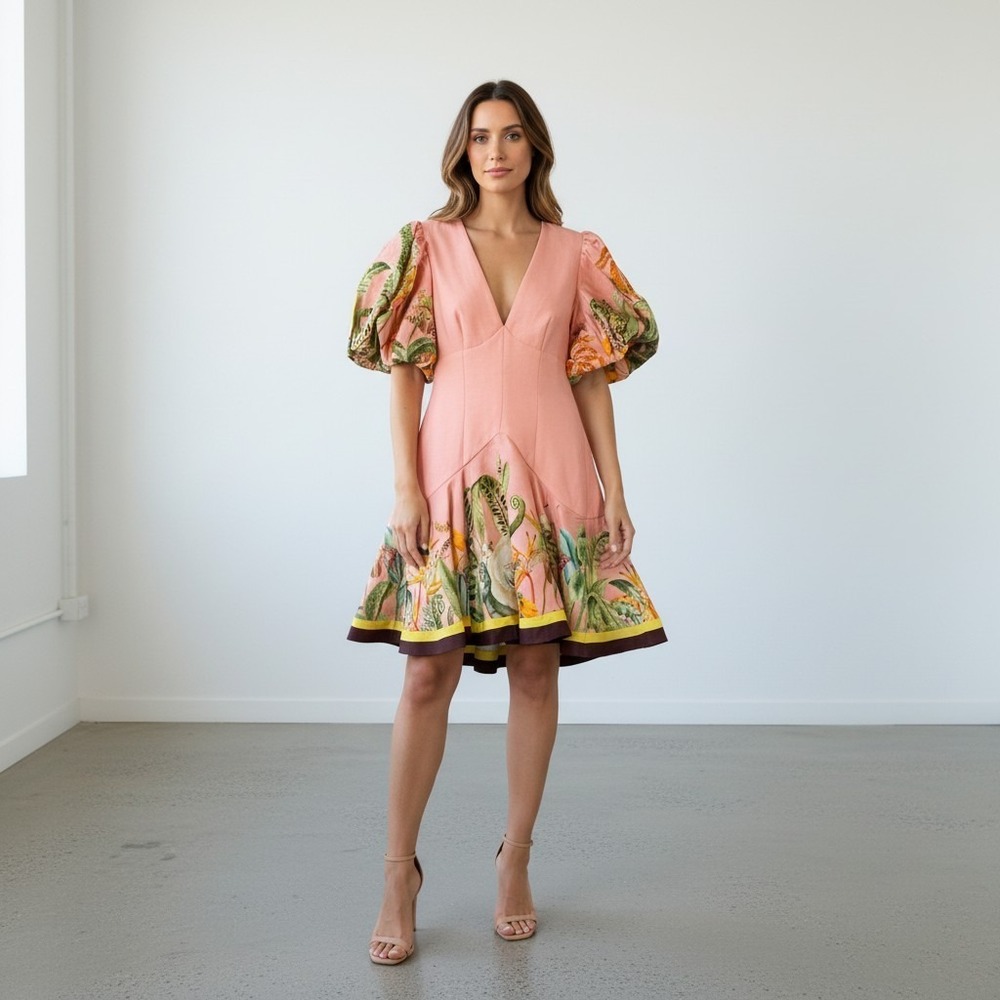 ALEMAIS Papaya Mini Dress European Flax Dress Size 0 Garden Party Wedding NWT